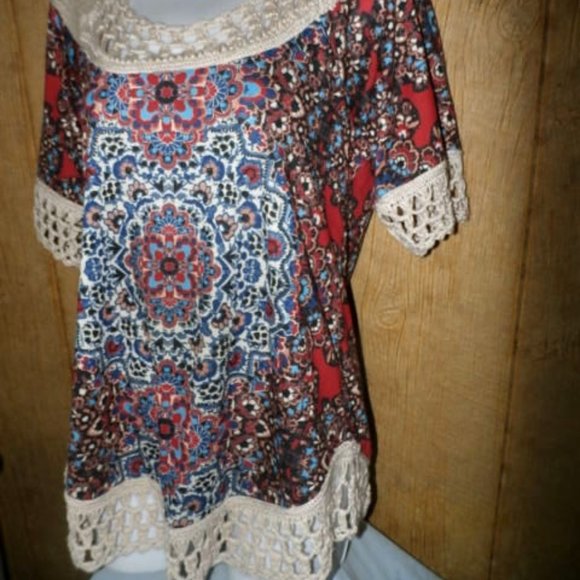 One World Live and Let Live Womens Top Boho with Crochet Trim Medium - Picture 5 of 9